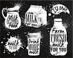 Milk symbolic drawing milk with drops and sprays lettering, milk for you, drink more milk, I love milk, farm fresh milk for you on chalkboard chalk
