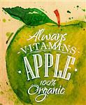 Poster watercolor apple lettering always vitamins apple 100 percent organic drawing on kraft