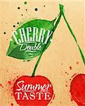 Poster watercolor cherry lettering cherry double summer taste drawing on kraft