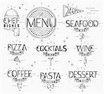 Menu in vintage modern style lines drawn with symbols pizza, pasta, seafood, wine, cocktails, coffee, chef dish, 24 open on paper background
