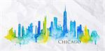 Silhouette of Chicago city painted with splashes of watercolor drops streaks landmarks in blue with yellow