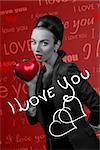 lovely brunette with small heart shaped bag in the hand, remeber valentines day , images part in black and white with hand made written