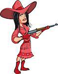 Cartoon cowgirl with a rifle.Isolated on white