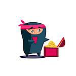 Cute Emotional Ninja Found a Chest with Treasure. Flat Vector Illustration