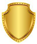 Empty gold shield. Blank metal badge with rivets. Isolated on white vector illustration