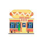 Hot Dog Cafe Front in Christmas. Flat Vector Illustration