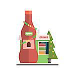 Drinks Shop Front in Christmas. Flat Vector Illustration
