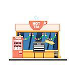 Hot Tea Shop Front in Christmas. Flat Vector Illustration