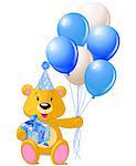 Teddy Bear sitting with blue gift box and balloons