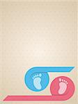 Blue pink ribbon with baby feet greeting card with dotted background