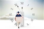 Delivery man with cardboard box running on white background against opening door in sky