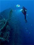 Full length front underwater view of diver investigating MS Zenobia shipwreck, Larnaca, Cyprus