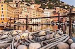 Fishing nets and harbour, Camogli, Liguria,  Italy