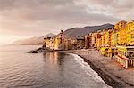 Elevated view of beach and hotels, Camogli, Liguria,  Italy