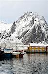 View of harbour and snow capped mountains, Svolvaer, Lofoten Islands, Norway