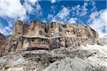 Typical dolomite rock formations  in the Lastes valley, a wild and uncrowded place into the heart of the massif of Sella, Dolomites, Trentino Alto Adige, Italy