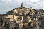 Overview of Sassi with the bell tower of the cathedral at the highest point called Civita, Matera, Basilicata, Italy