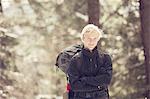 Portrait of young male hiker in sunlit forest, Ashland, Oregon, USA