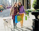Young female adult twins with dog and shopping bags strolling on sidewalk