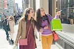Young female adult twins carrying shopping bags pointing at city shop window