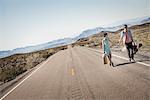 A young couple, man and woman walking hand in hand on a tarmac road in the desert carrying cases.