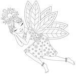 Cute fairy in dress with wings is sleeping, vector illustration, coloring book page for children