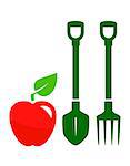 garden harvest symbol with red apple, shovel and pitchfork