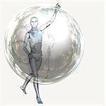 Cyborg, humanoid with transparent sphere, futuristic background.