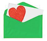 Love note in green envelope isolated on white