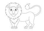 Cute modest cartoon lion with fluffy mane and kind muzzle, lion smile and look. Vector illustration, coloring book page for children