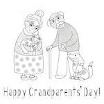 Happy grandparents day card. Poster with cute darling grandmother and grandfather, granny and grandpa, their cat and dog on leash, vector illustration, coloring book page for children