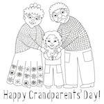 Happy grandparents day card. Poster with cute darling grandmother, grandfather and their grandson, granny and grandpa, vector illustration, coloring book page for children