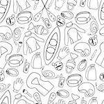 Doodle seamless pattern kayaking background with  vest, life ring, rafts,helmet.