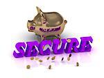 SECURE- inscription of green letters and gold Piggy on white background