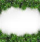 Shiny Green Christmas Tree Pine Branches Like Frame with Snowfall on White Background