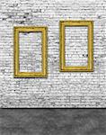 Two vertical golden frames on white brick wall