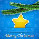 Holiday gift card with Christmas tree and a yellow star hanging on snowflake background. Merry Christmas background. Vector illustration