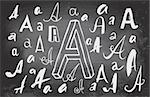 Vector drawing of handwritten letters A in variations of style on a black chalkboard