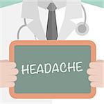 minimalistic illustration of a doctor holding a blackboard with Headache text, eps10 vector