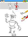 Cartoon Illustration of Drawing and Coloring Educational Task for Preschool Children with Robot Fantasy Character
