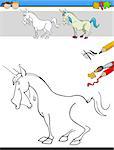 Cartoon Illustration of Drawing and Coloring Educational Task for Preschool Children with Unicorn Fantasy Character