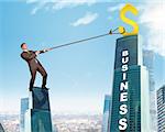 Businessman climbing skyscraper holding golden dollar sign