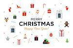 Greeting Christmas and Happy New Year Card with bunch of gifts and christmas objects