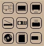Set of vector icons representing various computer equipment and devices