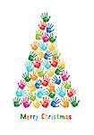 Colorful Christmas tree, kids handprints, vector illustration