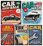 Vintage retro style. Set of vector cars flyer template. Garage, tire service, sale, wash, repair and auto service. You ?an use it for advertising, signboard, signage, banner or label.