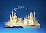 Pop-Up Book - Christmas Story. Styled 3D pop-up book with a chrsitmas theme including a family building a snowman, winter forest and stars.