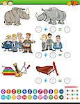 Cartoon Illustration of Educational Mathematical Addition Task for Preschool Children with Funny Characters and Objects