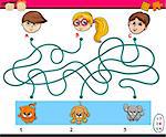 Cartoon Illustration of Education Kindergarten Paths or Maze Puzzle Task for Preschoolers with Children and Pets