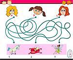 Cartoon Illustration of Education Paths or Maze Puzzle Task for Preschoolers with Girls and Fantasy Characters